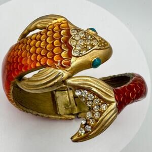 Chico's gold tone enamel rhinestones koi fish hinged clamper bangle bracelet